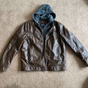 Guess Men’s Faux-Leather Detachable Hood Jacket Brown XL